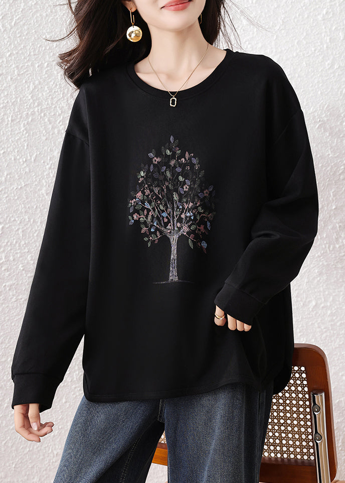 Fine Black Oversized Print Cotton Sweatshirts Top Fall