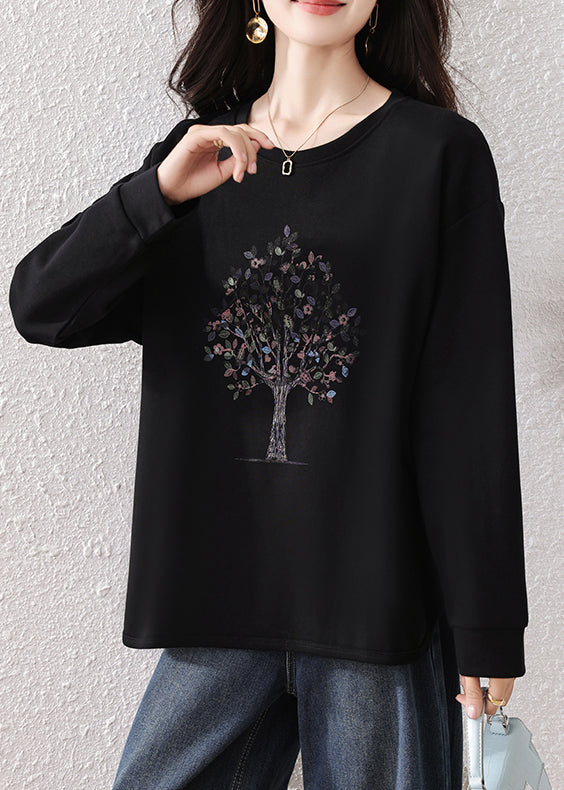 Fine Black Oversized Print Cotton Sweatshirts Top Fall
