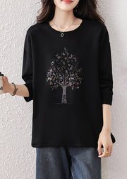 Fine Black Oversized Print Cotton Sweatshirts Top Fall