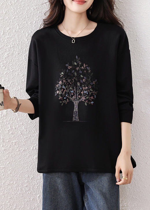 Fine Black Oversized Print Cotton Sweatshirts Top Fall