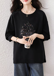 Fine Black Oversized Print Cotton Sweatshirts Top Fall