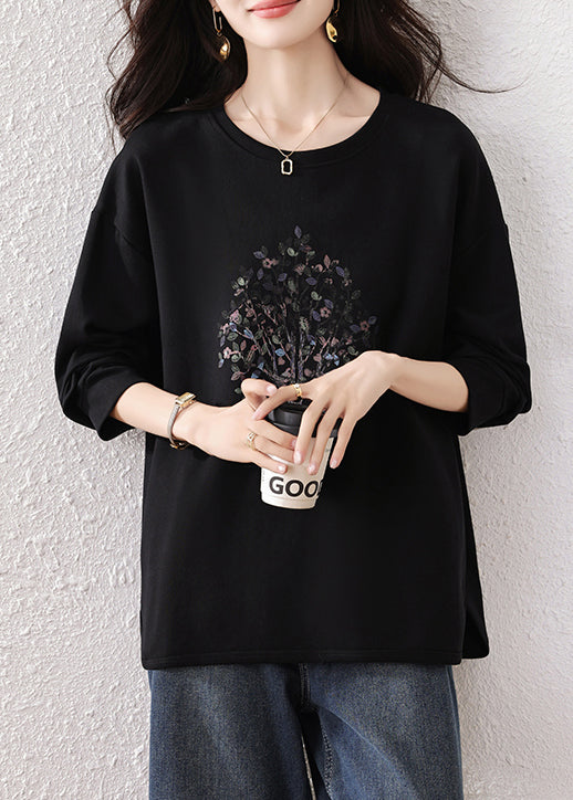 Fine Black Oversized Print Cotton Sweatshirts Top Fall
