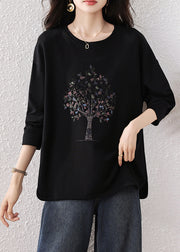 Fine Black Oversized Print Cotton Sweatshirts Top Fall