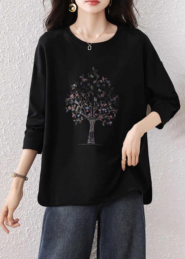 Fine Black Oversized Print Cotton Sweatshirts Top Fall