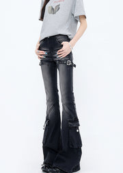 Fine Black Pockets High Waist Patchwork Denim Flared Trousers Fall