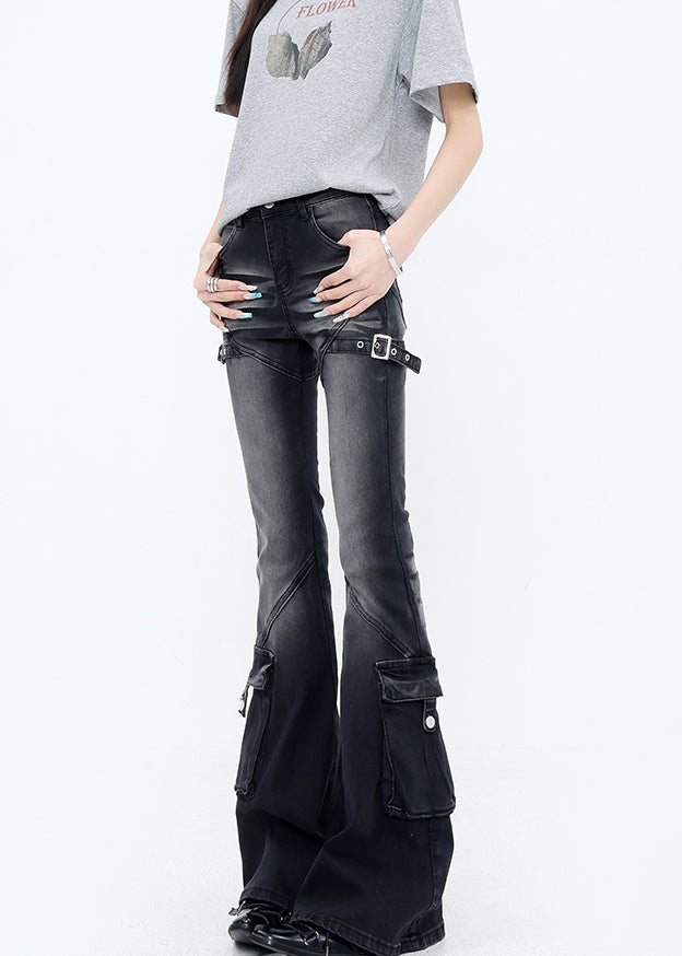 Fine Black Pockets High Waist Patchwork Denim Flared Trousers Fall