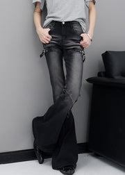 Fine Black Pockets High Waist Patchwork Denim Flared Trousers Fall