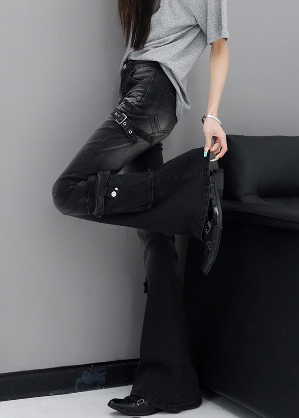 Fine Black Pockets High Waist Patchwork Denim Flared Trousers Fall