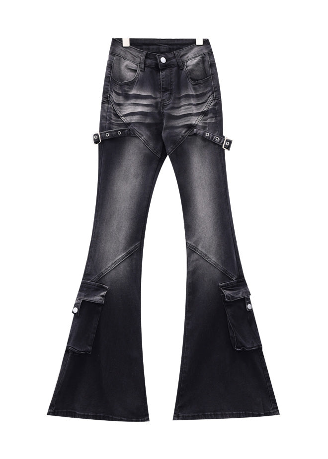 Fine Black Pockets High Waist Patchwork Denim Flared Trousers Fall