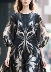 Fine Black Print Chiffon Long Dress Puff Sleeve