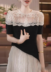 Fine Black Puff Sleeve Patchwork Lace Shirts