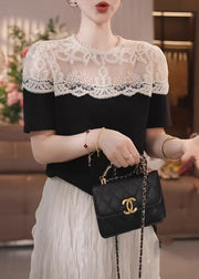 Fine Black Puff Sleeve Patchwork Lace Shirts