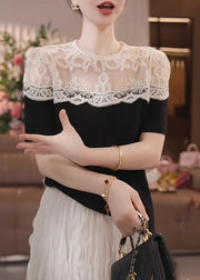 Fine Black Puff Sleeve Patchwork Lace Shirts