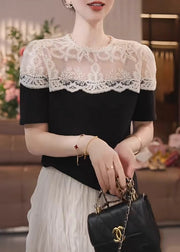 Fine Black Puff Sleeve Patchwork Lace Shirts