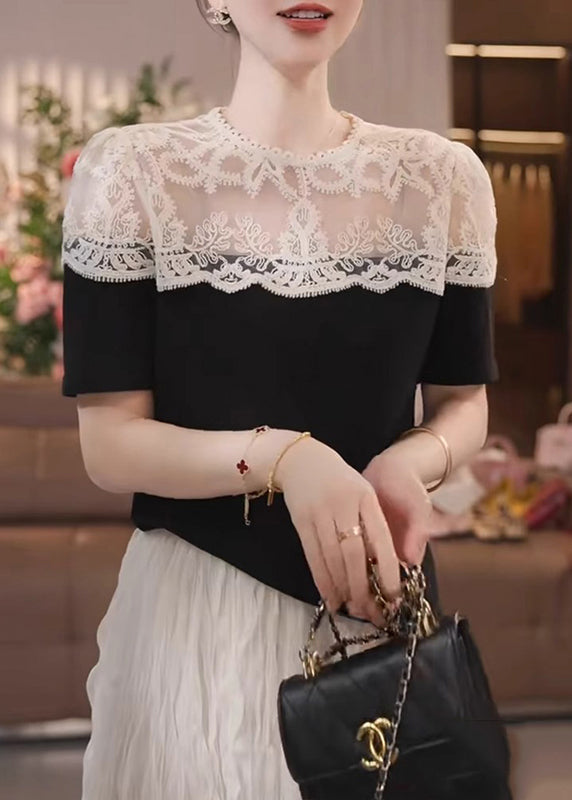 Fine Black Puff Sleeve Patchwork Lace Shirts