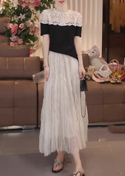 Fine Black Puff Sleeve Patchwork Lace Shirts