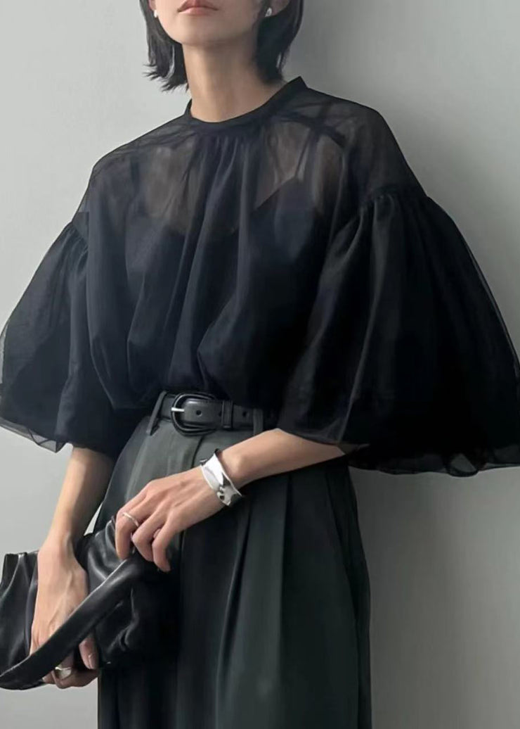 Fine Black Puff Sleeve Tulle Sheer Tops Summer