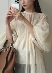 Fine Black Puff Sleeve Tulle Sheer Tops Summer