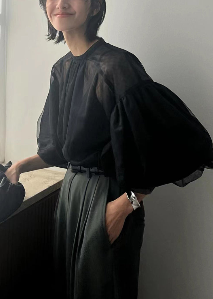Fine Black Puff Sleeve Tulle Sheer Tops Summer