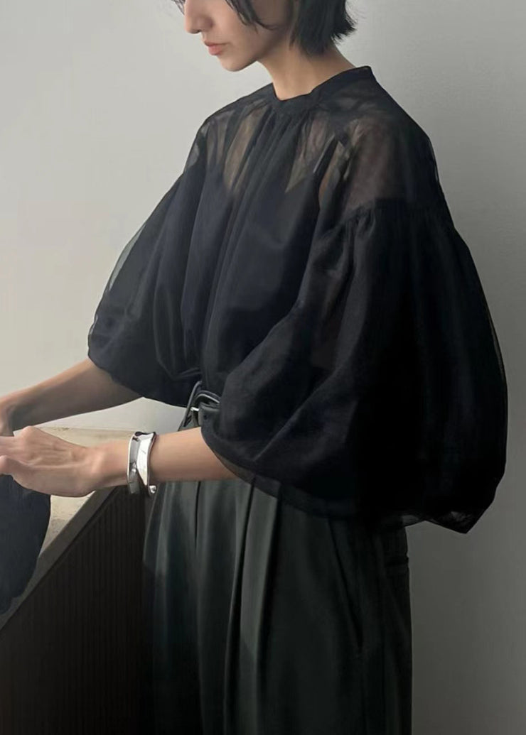 Fine Black Puff Sleeve Tulle Sheer Tops Summer