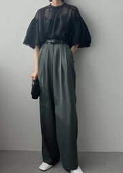 Fine Black Puff Sleeve Tulle Sheer Tops Summer