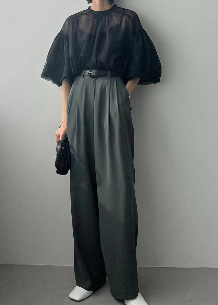 Fine Black Puff Sleeve Tulle Sheer Tops Summer