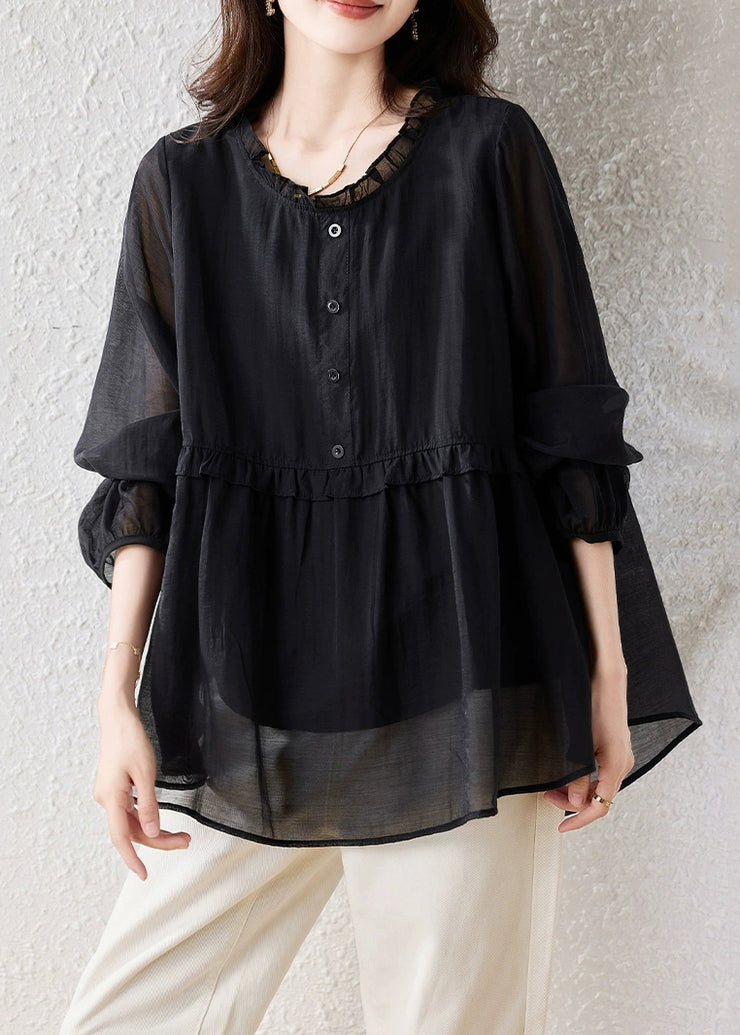 Fine Black Ruffled Button Oversized Silk Cotton Shirt Fall
