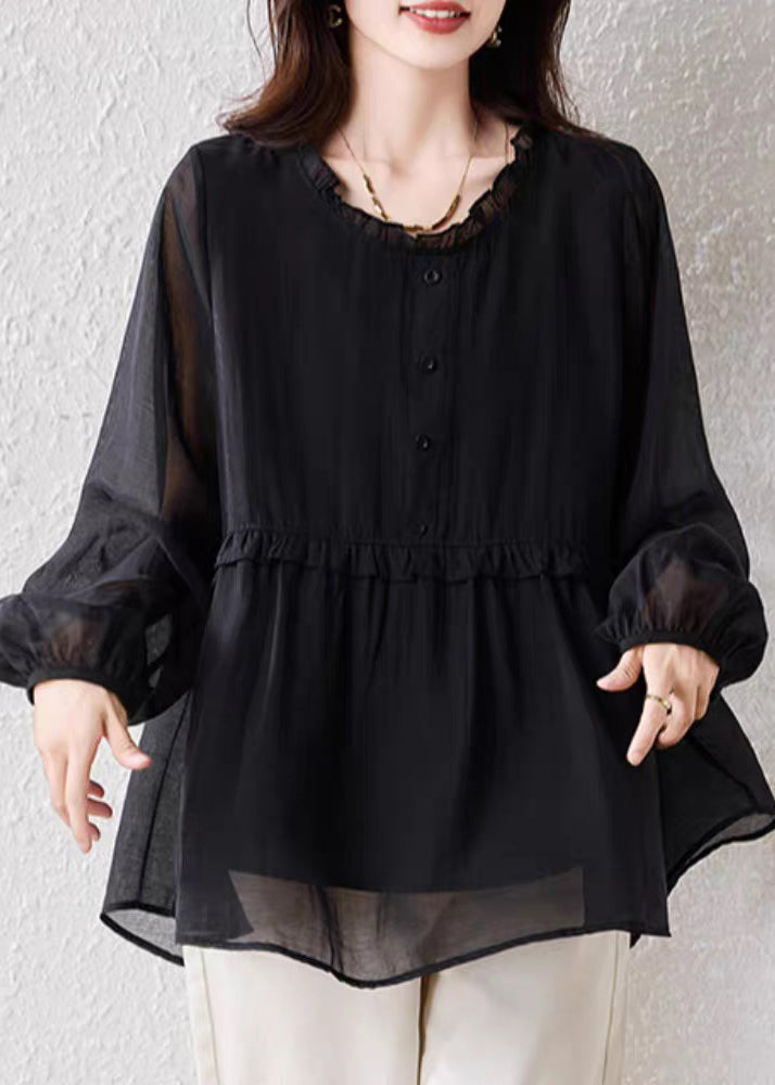 Fine Black Ruffled Button Oversized Silk Cotton Shirt Fall