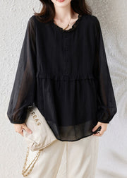 Fine Black Ruffled Button Oversized Silk Cotton Shirt Fall