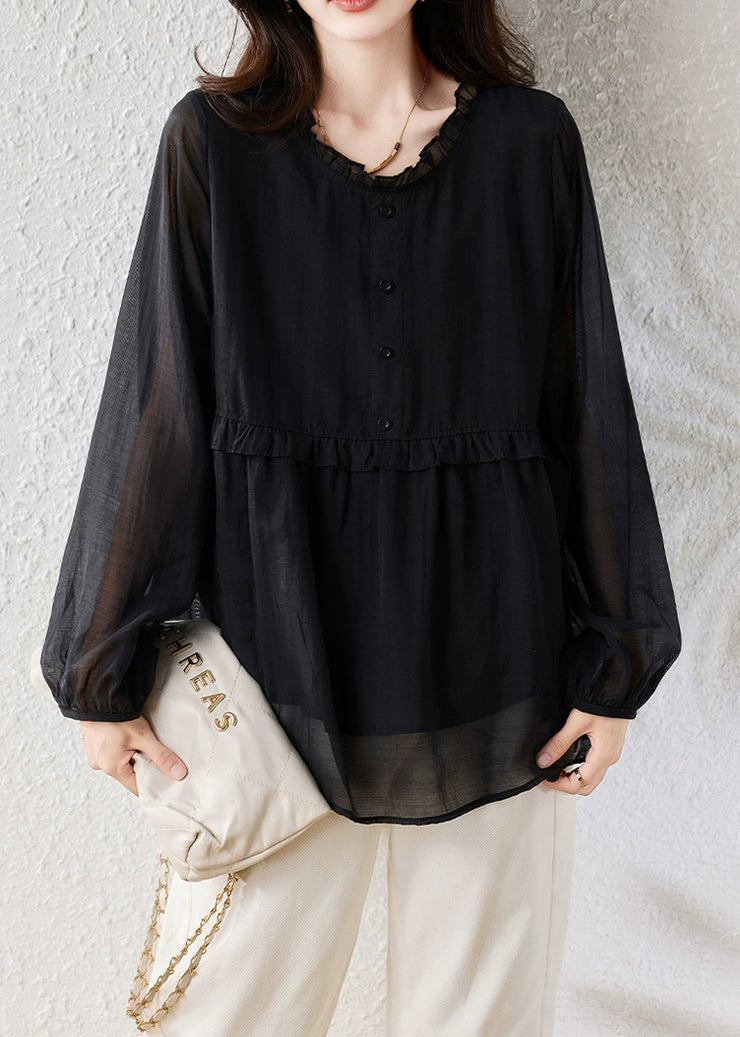 Fine Black Ruffled Button Oversized Silk Cotton Shirt Fall