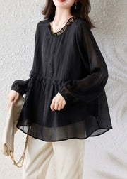 Fine Black Ruffled Button Oversized Silk Cotton Shirt Fall