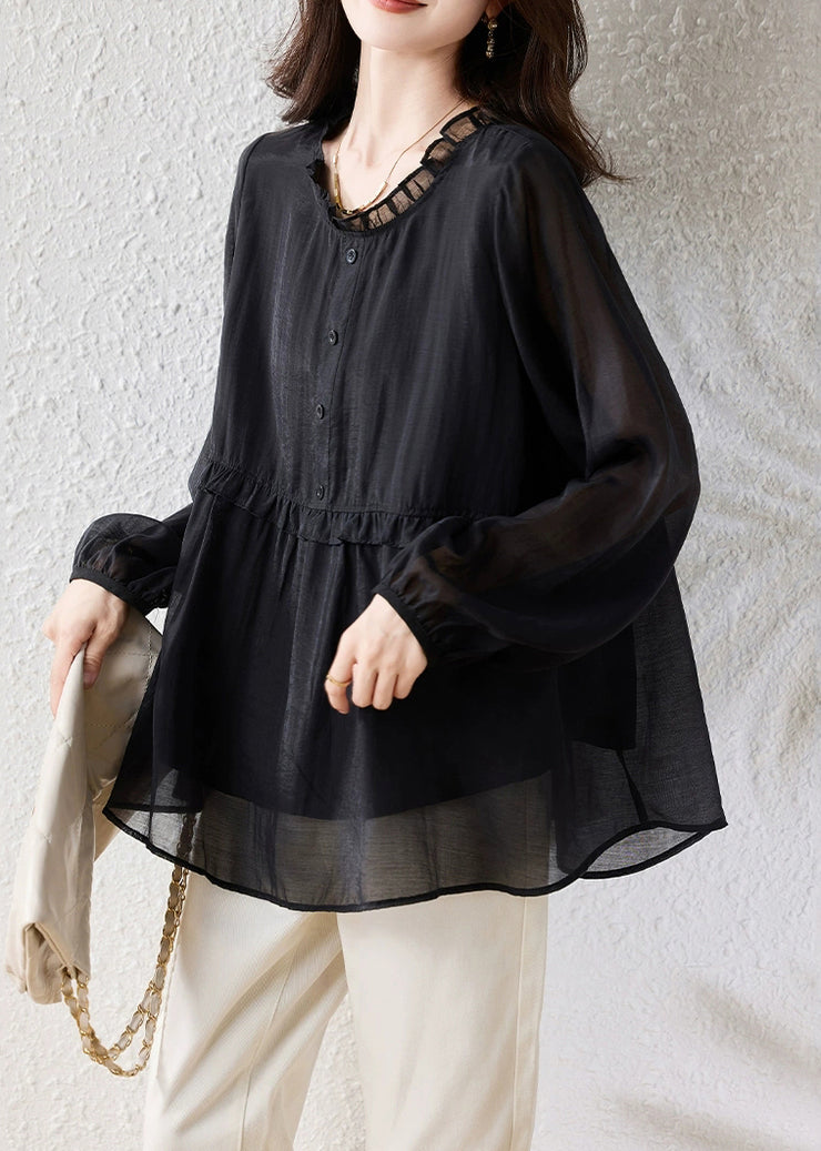 Fine Black Ruffled Button Oversized Silk Cotton Shirt Fall