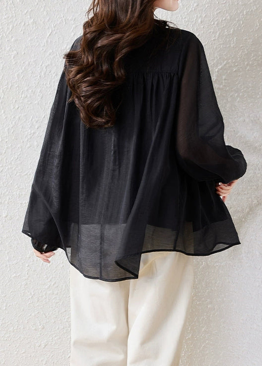 Fine Black Ruffled Button Oversized Silk Cotton Shirt Fall