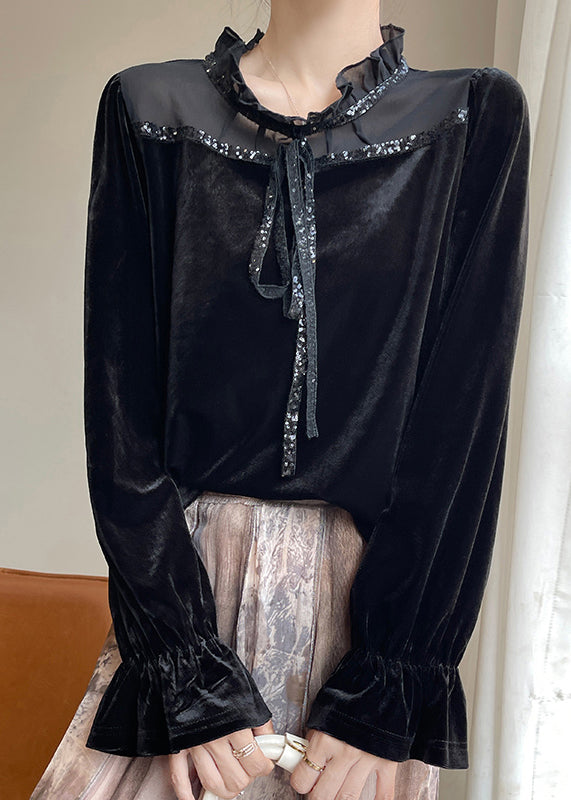 Fine Black Ruffled Lace UpSilk Velour Shirt Flare Sleeve