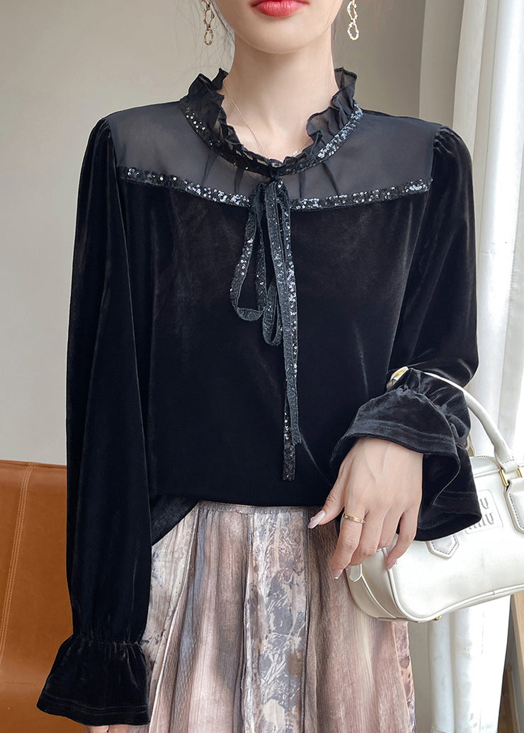 Fine Black Ruffled Lace UpSilk Velour Shirt Flare Sleeve