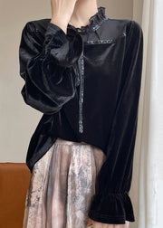 Fine Black Ruffled Lace UpSilk Velour Shirt Flare Sleeve
