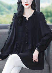 Fine Black Ruffled Patchwork Lace Shirts Fall