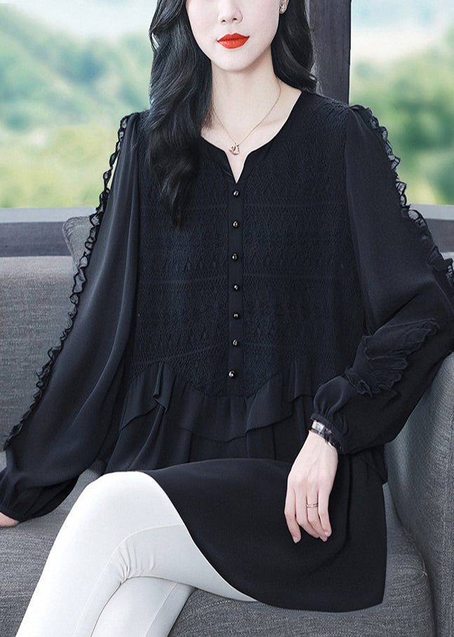 Fine Black Ruffled Patchwork Lace Shirts Fall