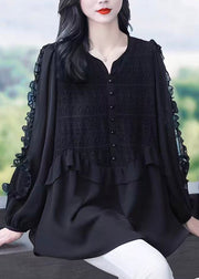 Fine Black Ruffled Patchwork Lace Shirts Fall