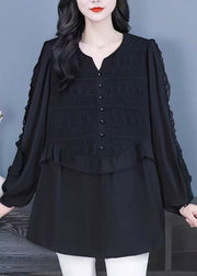 Fine Black Ruffled Patchwork Lace Shirts Fall