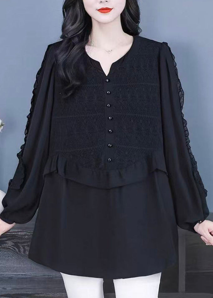 Fine Black Ruffled Patchwork Lace Shirts Fall