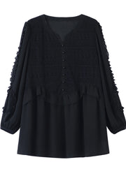 Fine Black Ruffled Patchwork Lace Shirts Fall