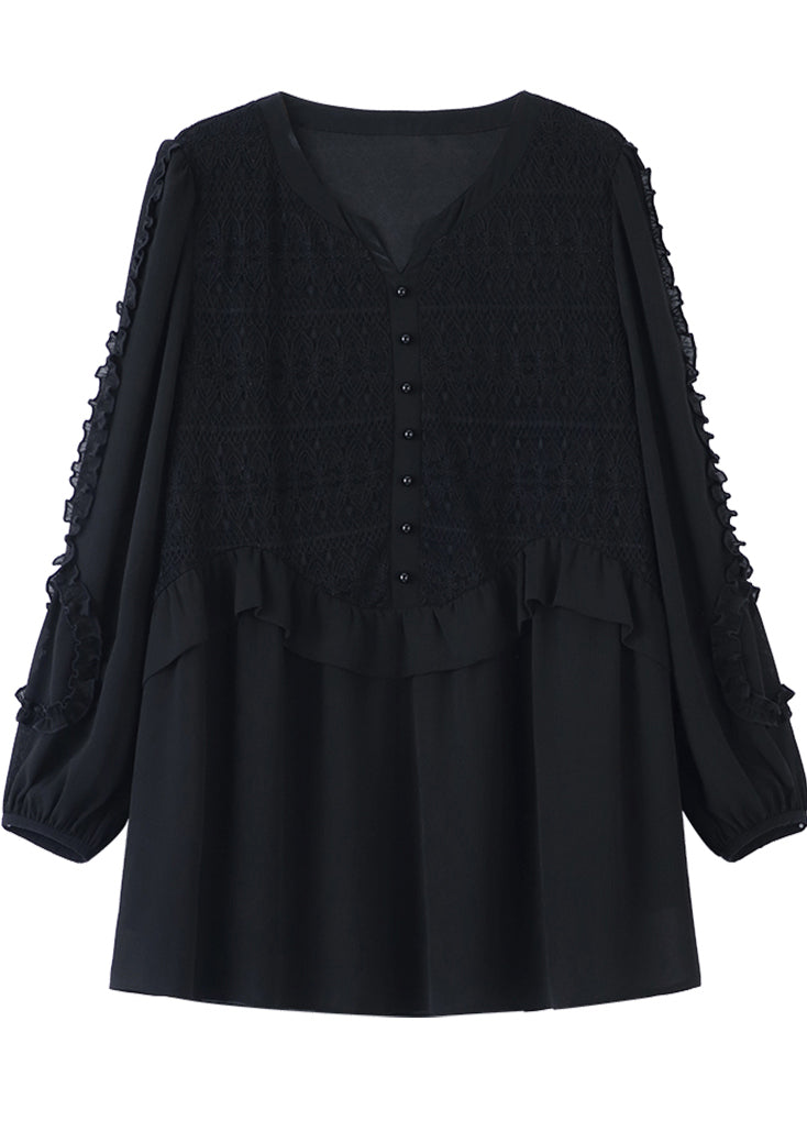 Fine Black Ruffled Patchwork Lace Shirts Fall