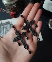 Fine Black Stainless Steel Cross Tassel Drop Earrings