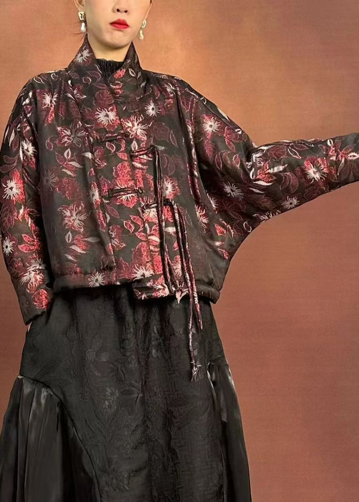 Fine Black Stand Collar Print Tassel Parka Winter