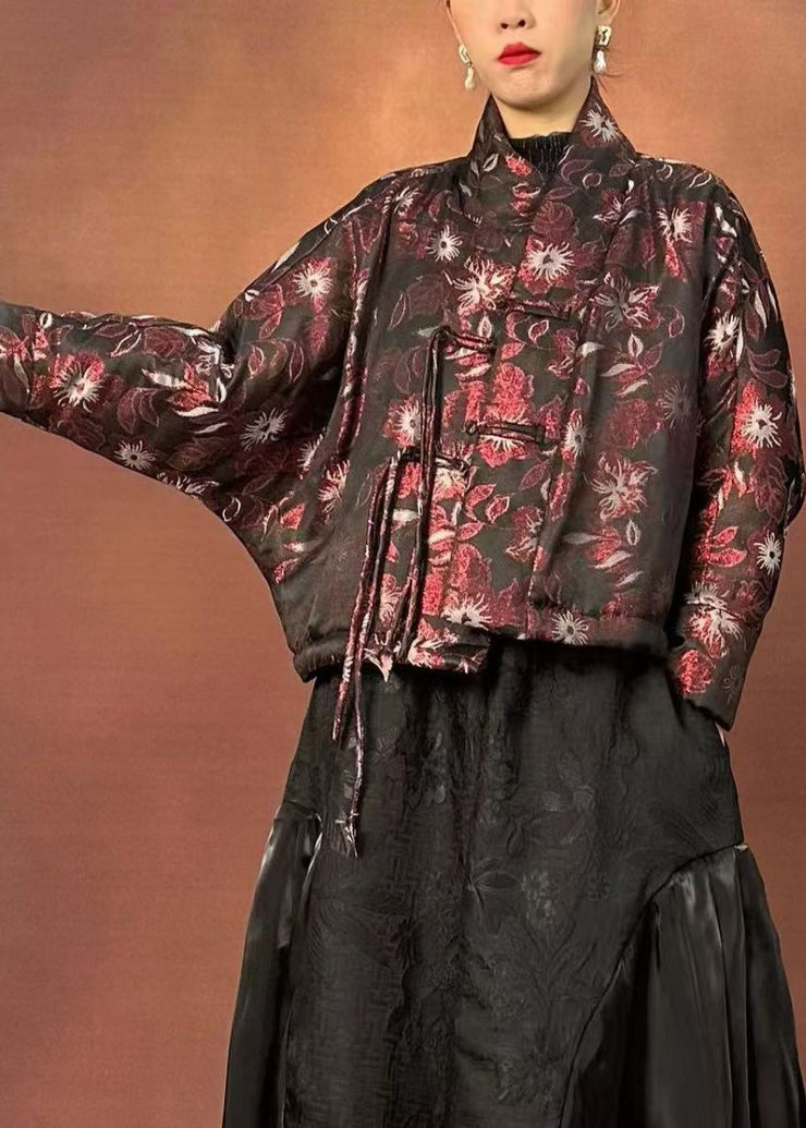 Fine Black Stand Collar Print Tassel Parka Winter