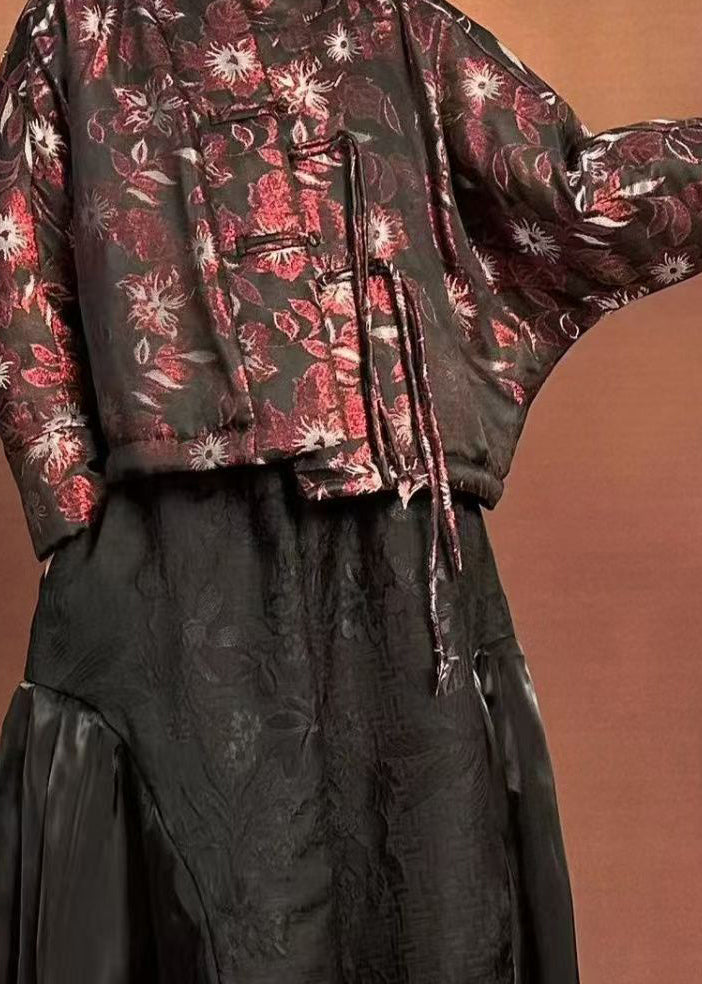 Fine Black Stand Collar Print Tassel Parka Winter