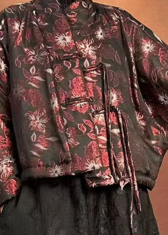 Fine Black Stand Collar Print Tassel Parka Winter