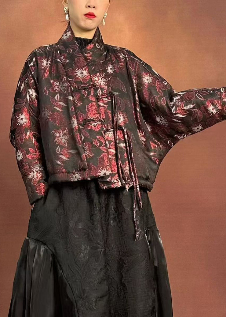 Fine Black Stand Collar Print Tassel Parka Winter