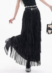 Fine Black Tasseled Elastic Waist Cotton Skirts Summer